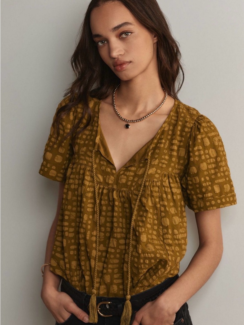 Pilcro Olive-Mustard Textured V-Neck Peasant Top